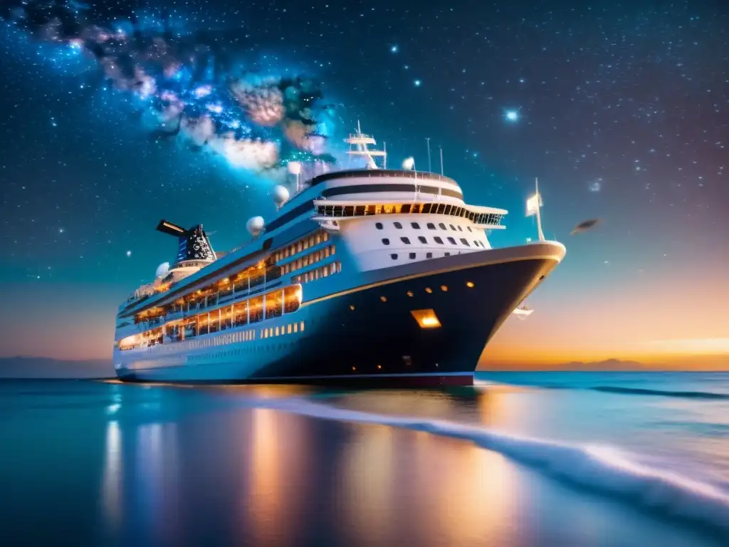 Un crucero vintage navega bajo un cielo estrellado y la Vía Láctea, ideal para aficionados de la astronomía