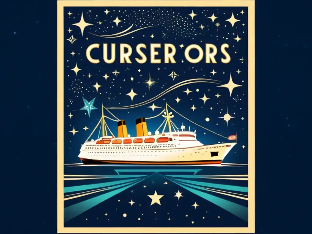 Cruceros para aficionados de la astronomía: Cartel vintage con barco bajo las estrellas y constelaciones, evocando aventura y exploración