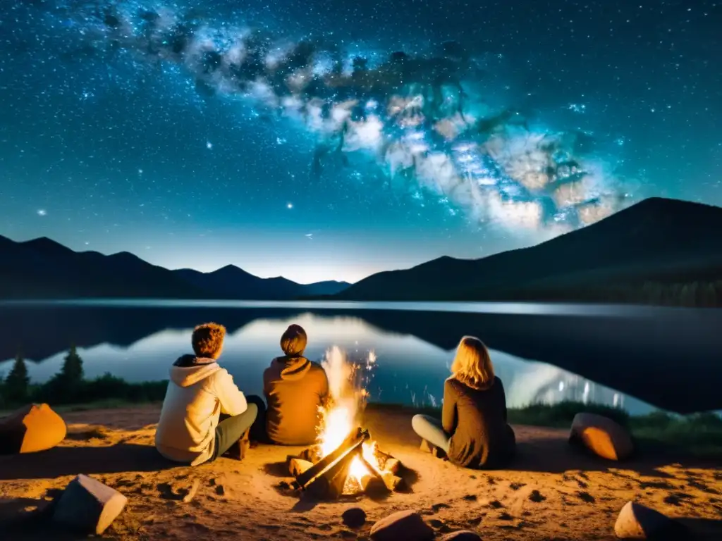 Un cuadro en blanco y negro muestra a un grupo escuchando historias alrededor de una fogata bajo un cielo estrellado