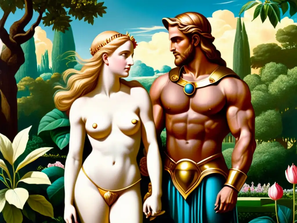 Cuadro detallado de Venus y Marte en un exuberante jardín, representando la mitología romana de amor y guerra