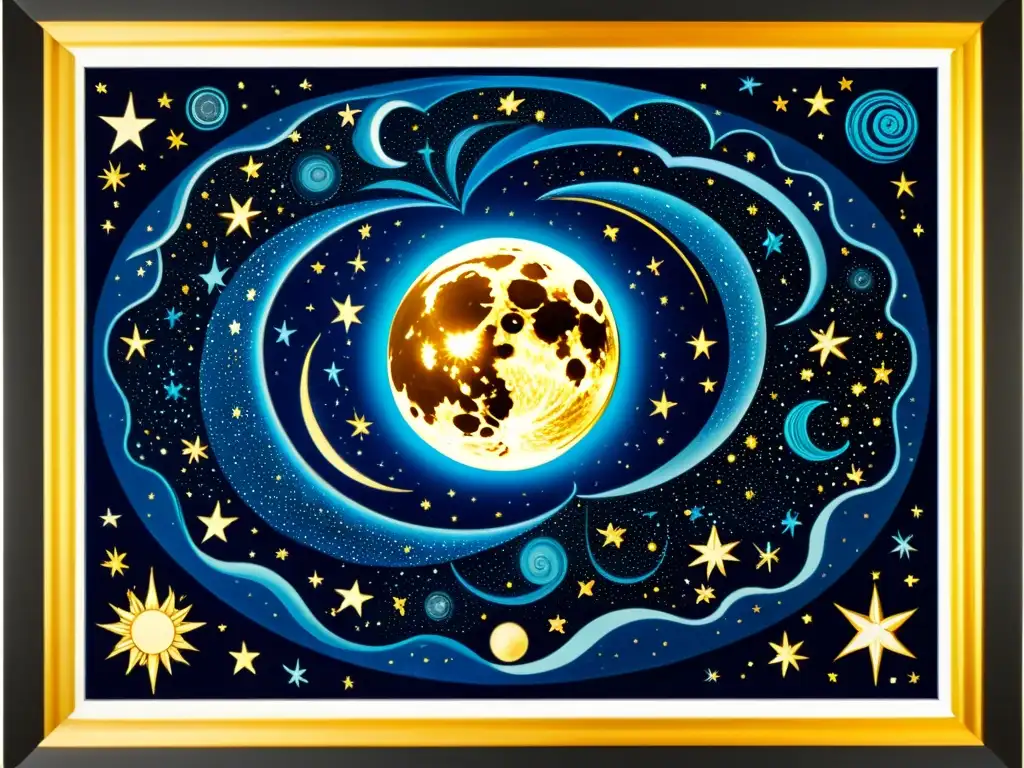 Un cuadro vintage de un cielo nocturno lleno de estrellas vibrantes y galaxias en remolino, con un enfoque llamativo en una detallada representación de la luna y sus cráteres