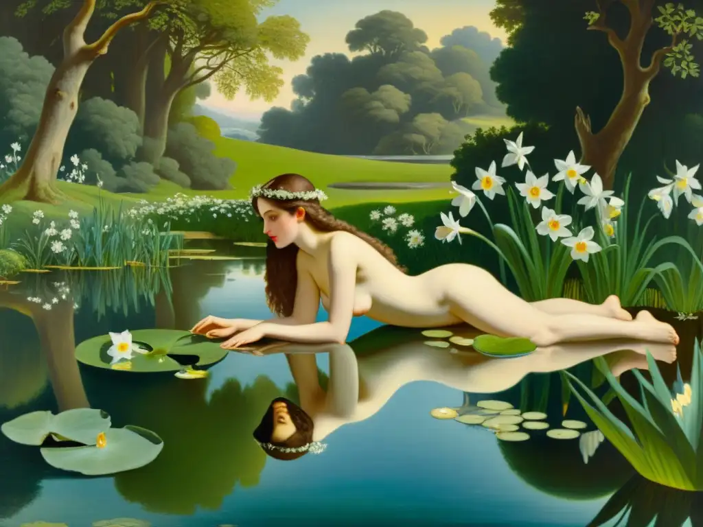 Cuadro vintage del mito de Eco y Narciso: amor no correspondido y vanidad reflejados en una escena detallada y emotiva