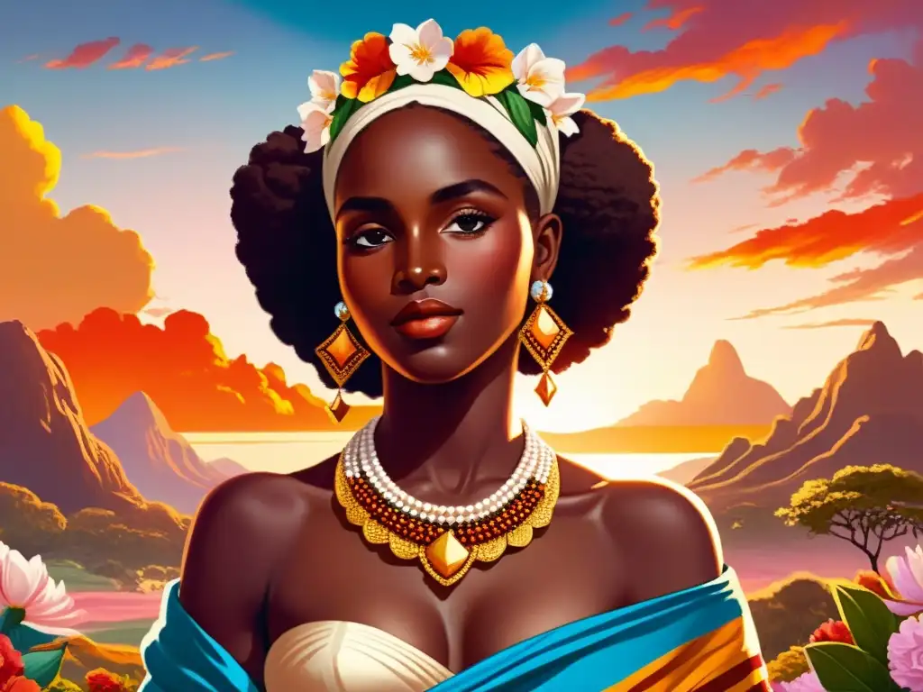 Cuadro vintage de Venus en la mitología africana, una radiante mujer africana en un exuberante paisaje con flores y vida silvestre