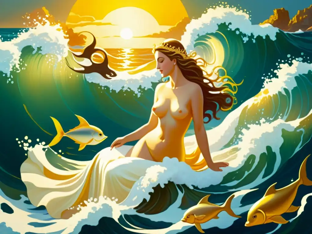El nacimiento de Aphrodite: belleza divina en el mar Cuadro vintage de la mitología de Afrodita emergiendo del mar con gracia, rodeada de criaturas marinas