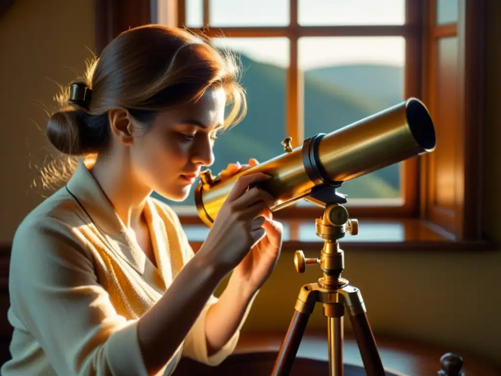 Con cuidado, una persona limpia el telescopio con un paño suave, bañado por la luz dorada del sol