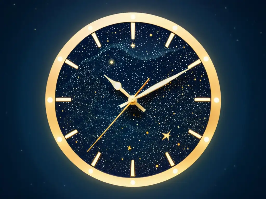 Una representación cultural detallada de la constelación 'El Reloj' en un estilo vintage, con líneas intrincadas y tonos desvaídos, sobre un cielo estrellado