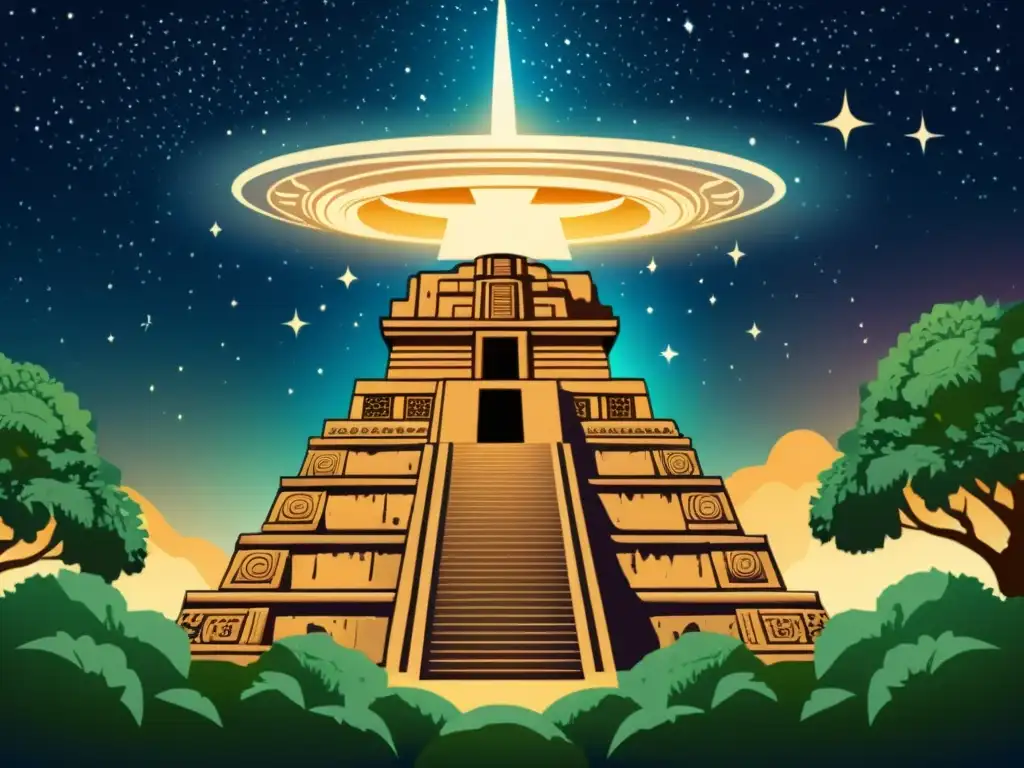 Descubriendo cúmulos estelares en Vía Láctea: majestuoso templo maya bajo un cielo estrellado y exuberante vegetación