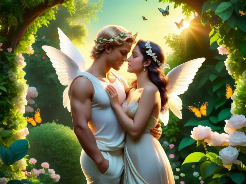 Cupido y Psique en un jardín exuberante, rodeados de flores y mariposas