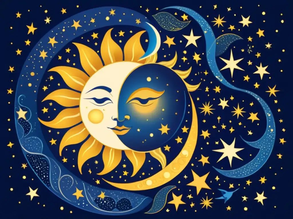 Danza Celestial: Sol y Luna en un Ballet Cósmico Una ilustración vintage de una danza celestial entre el sol y la luna, rodeados de constelaciones y cuerpos celestes