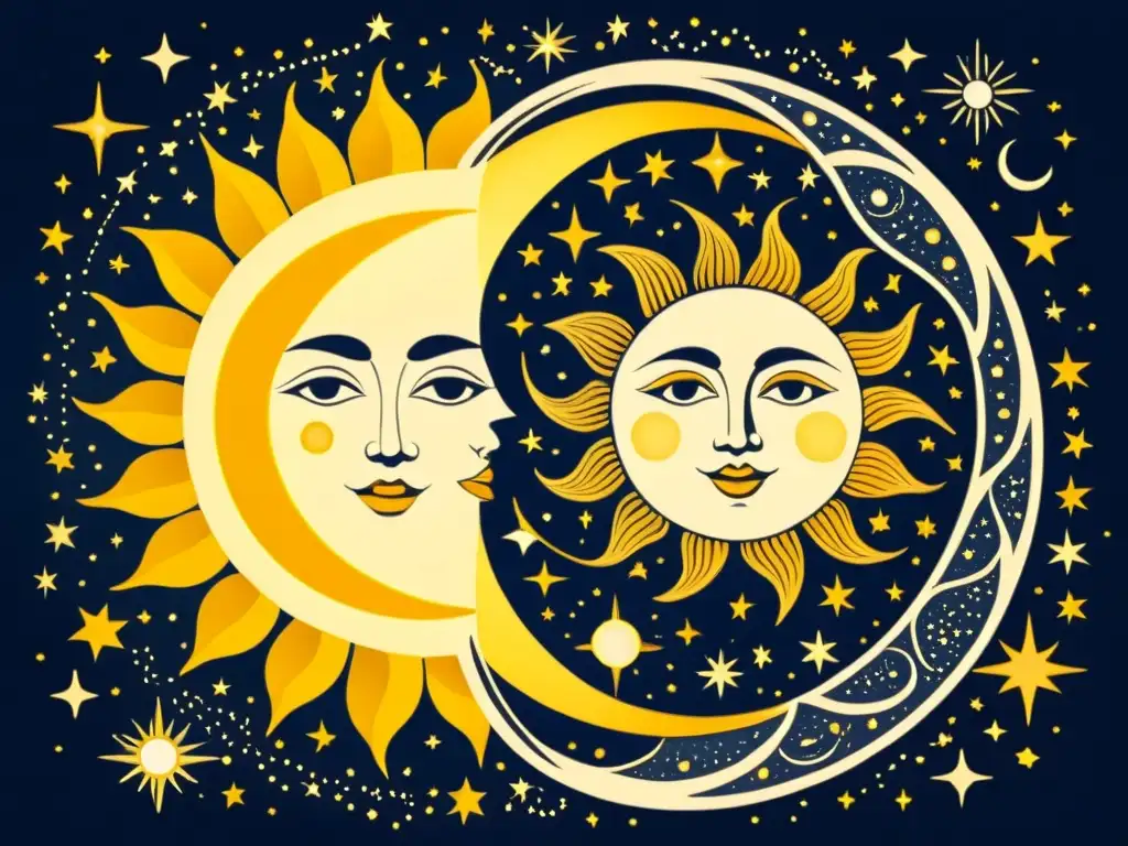 Danza celestial del sol y la luna: un encuentro místico Una ilustración vintage de la danza celestial entre el sol y la luna, con detalles intrincados y expresiones cautivadoras