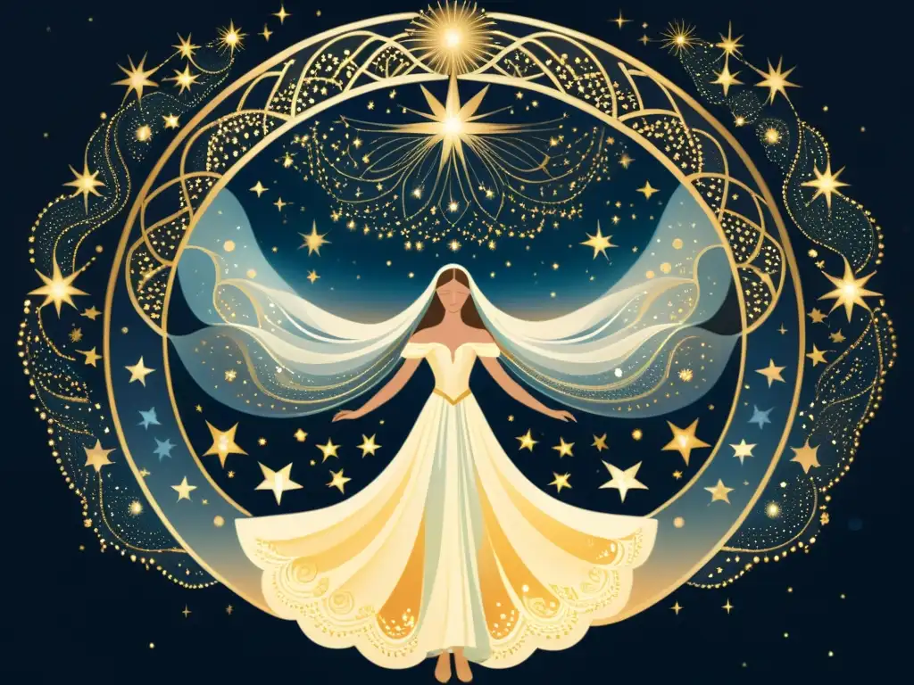 Danza celestial de las siete velos con simbolismo místico Una danza celestial de las siete velos con patrones e símbolos místicos, evocando el significado mitológico de las Pléyades
