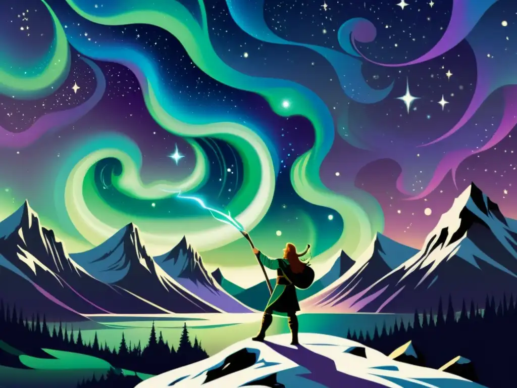 Maravillosa ilustración vintage de la danza etérea de las Auroras Boreales y la mitología nórdica en el cielo nocturno