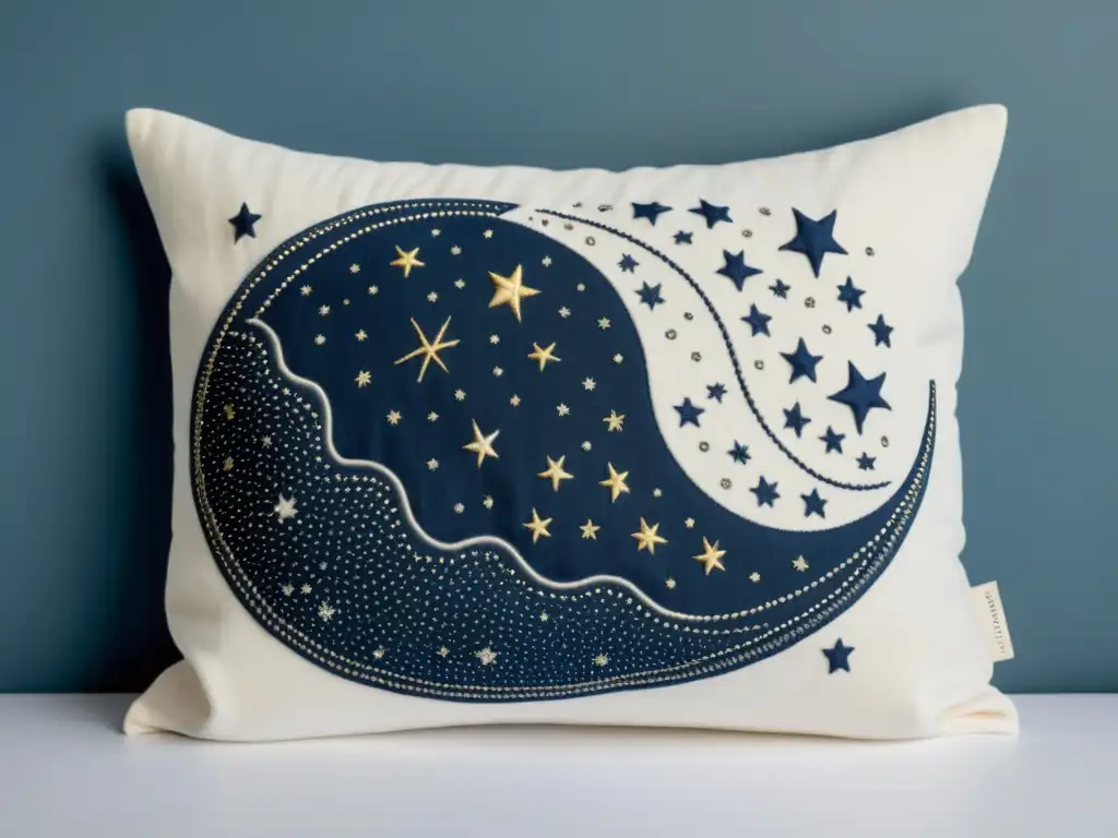 Cojín decorativo con diseño astronómico: ilustración detallada de cielo nocturno, constelaciones y luna creciente, bordado en suave tela beige