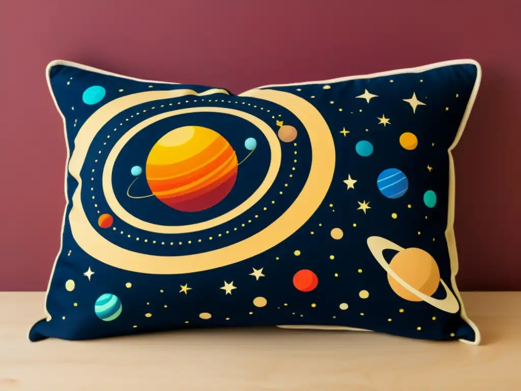 Cojín decorativo con diseño astronómico del sistema solar en tonos profundos y detallados, sobre fondo estrellado