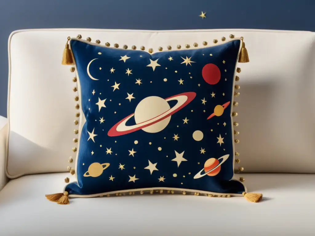 Cojín decorativo vintage con diseño astronómico detallado en tonos de azul, rojo y dorado, y borlas elegantes en los bordes