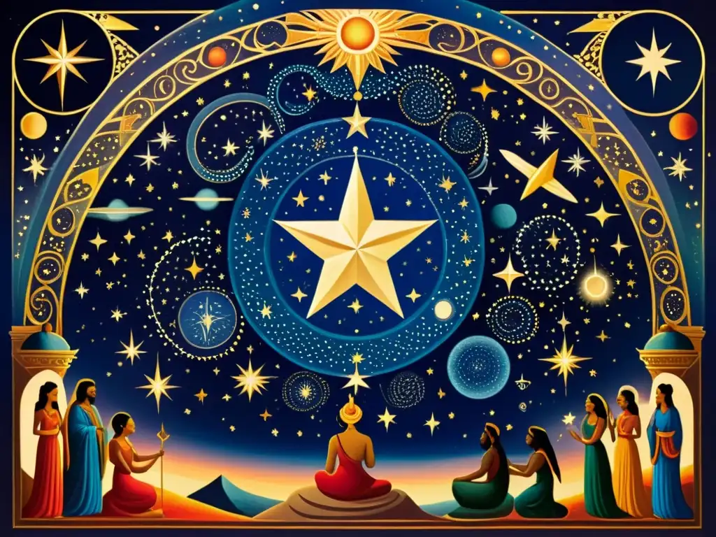 Representación artística de deidades estelares en un paisaje celestial vibrante y detallado, con colores ricos y figuras místicas