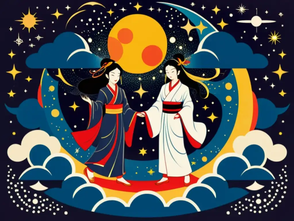 Izanagi e Izanami, deidades japonesas, con sol y luna, rodeados por galaxias y constelaciones