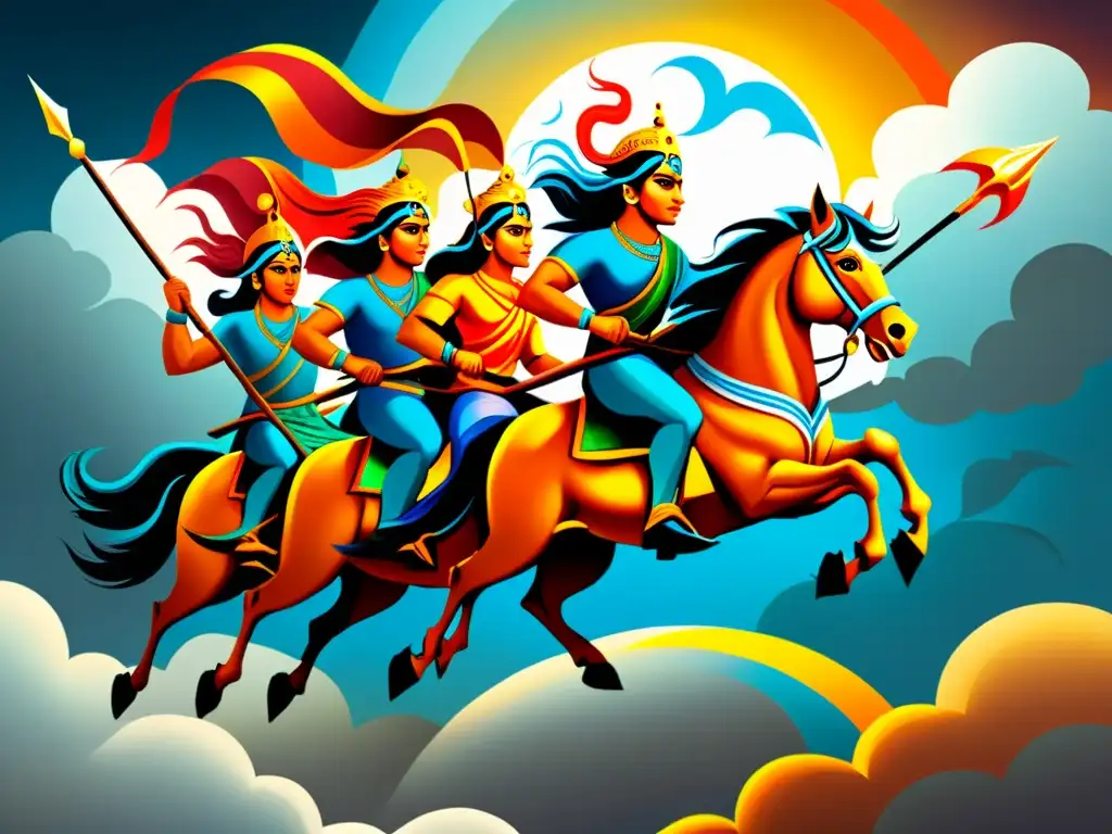 Ilustración vintage de los Maruts, deidades védicas de la tormenta, cabalgando en el cielo con carros, acompañados de vientos y nubes de trueno