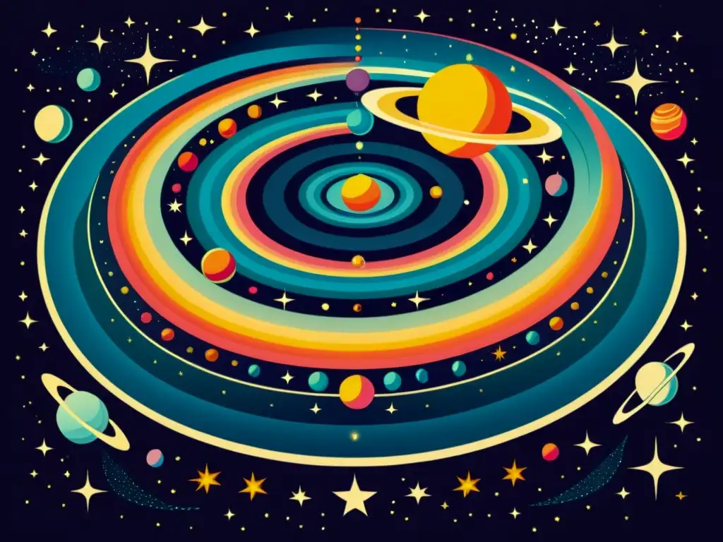 Una ilustración vintage deslumbrante de un baile celestial entre planetas en alineación, con patrones intrincados y colores vibrantes