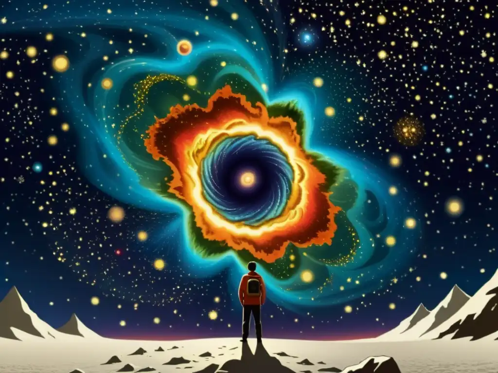 Deslumbrante ilustración vintage de la teoría del Big Bang, con colores vibrantes y detalles intrincados, representando la expansión repentina del universo y el origen y destino del universo explicado