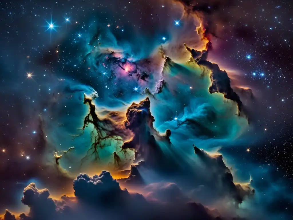 Una deslumbrante nebulosa capturada en alta resolución, con colores vibrantes y detalles asombrosos, mostrando la belleza de la astrofotografía en condiciones de baja luz