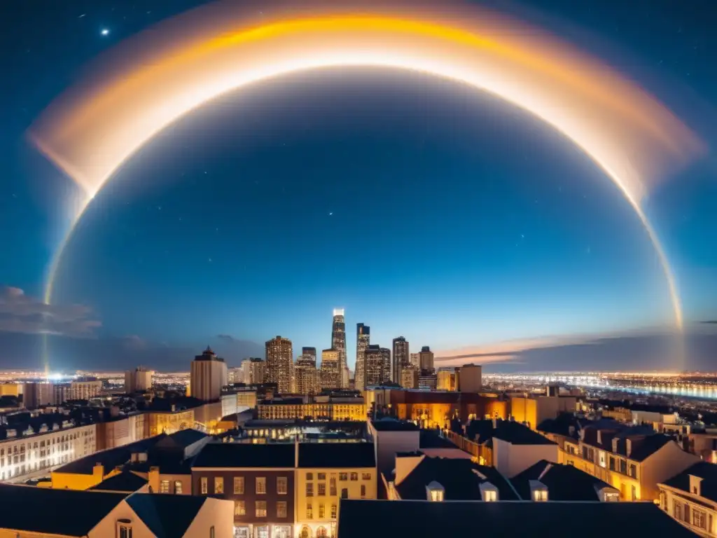 Una deslumbrante fotografía vintage del horizonte de la ciudad de noche, con luces creando un halo y un impacto de contaminación lumínica en el cosmos