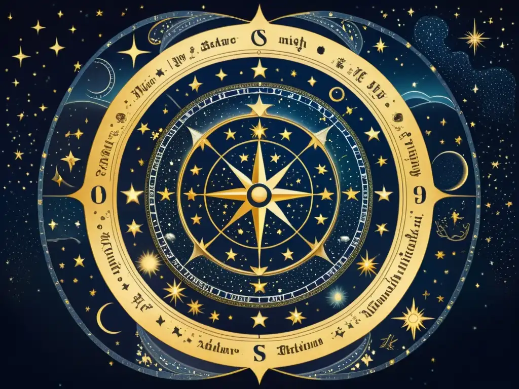 Detallada ilustración vintage de un antiguo mapa celestial, con figuras mitológicas y constelaciones en un cielo estrellado, evocando la importancia mitológica de las constelaciones en la astronomía antigua