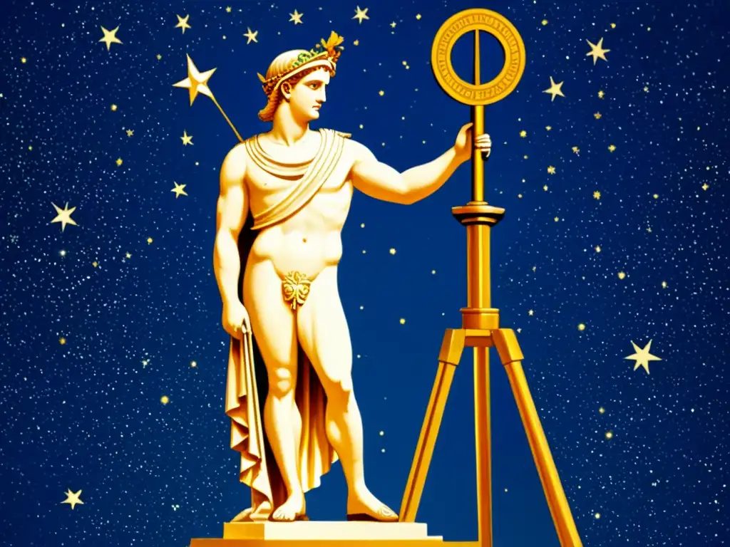 Detallada ilustración vintage de Apolo junto a un telescopio, con estrellas y constelaciones en tonos cálidos