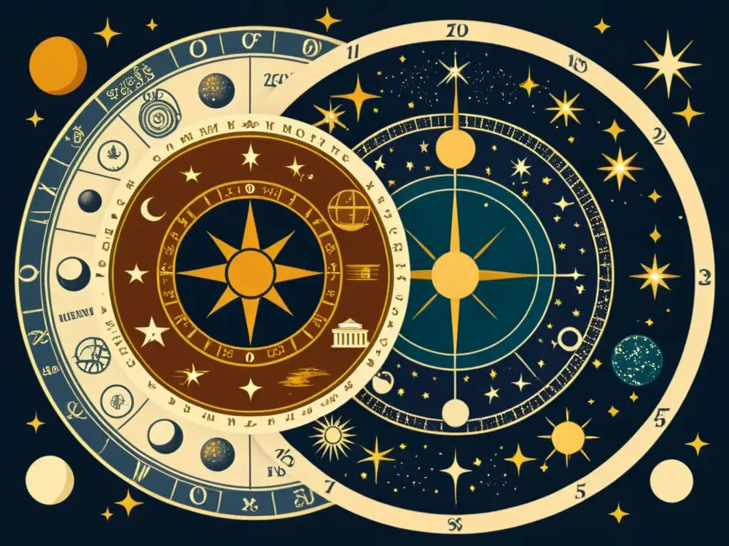 Ilustración detallada que contrasta astrología y astronomía con mapas celestiales, símbolos zodiacales y telescopios vintage vs modernos