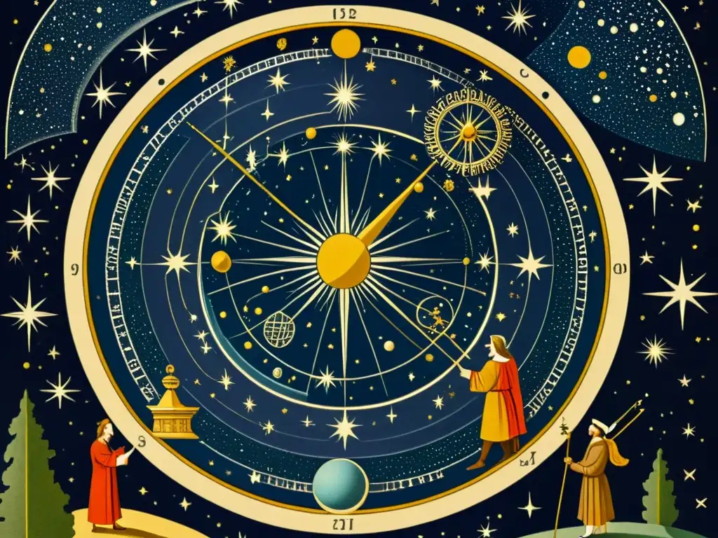 Detallada ilustración vintage de astrónomos antiguos observando movimientos de constelaciones y estrellas, inmersos en mitología