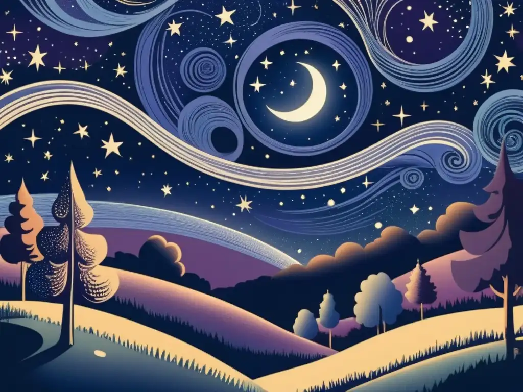 Una ilustración vintage detallada de un cielo estrellado con galaxias, estrellas fugaces y luna llena iluminando un paisaje campestre