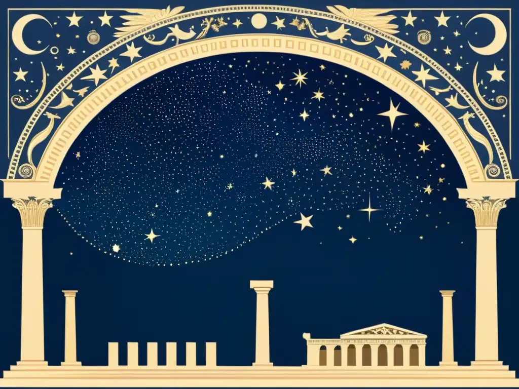 Detallada ilustración vintage del cielo nocturno sobre arquitectura griega y romana, con constelaciones y cuerpos celestes