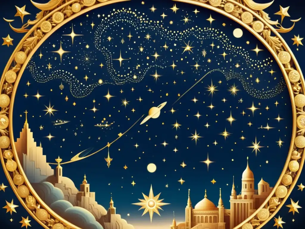 Constelaciones y mitología: ilustración vintage 8k del cielo nocturno Una ilustración vintage detallada de 8k del cielo nocturno con constelaciones prominentes, figuras mitológicas y objetos celestiales