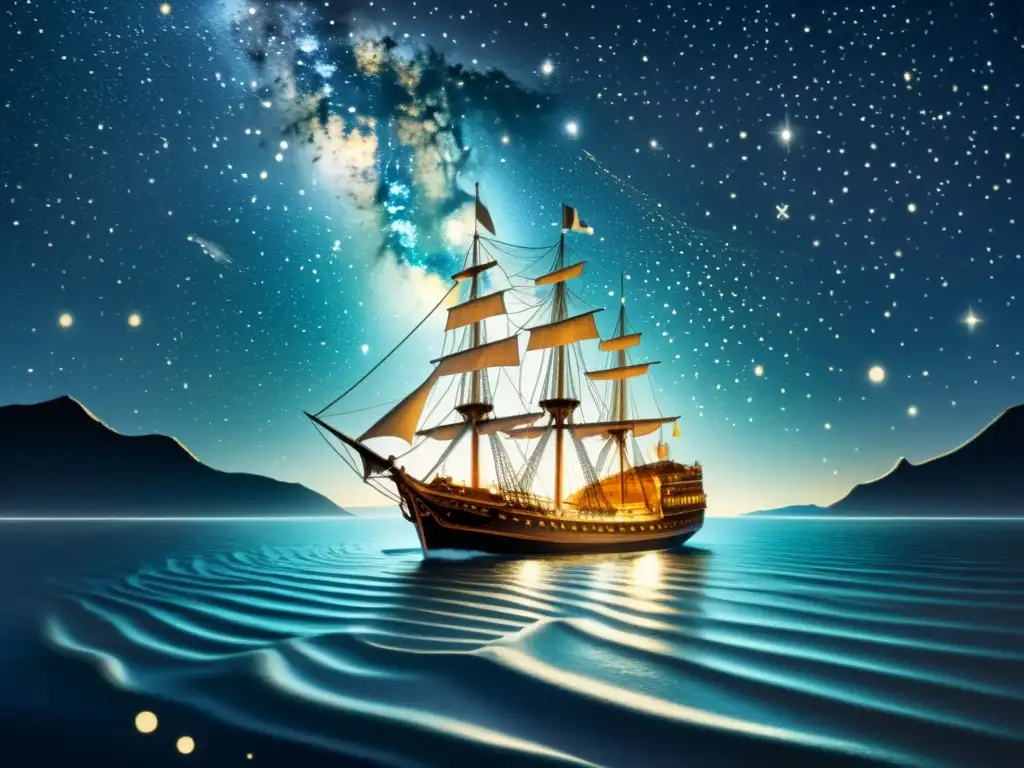 Ulises navegando entre las estrellas: una aventura mística Una ilustración vintage detallada del cielo nocturno con constelaciones formando la figura de Ulises navegando en el mar