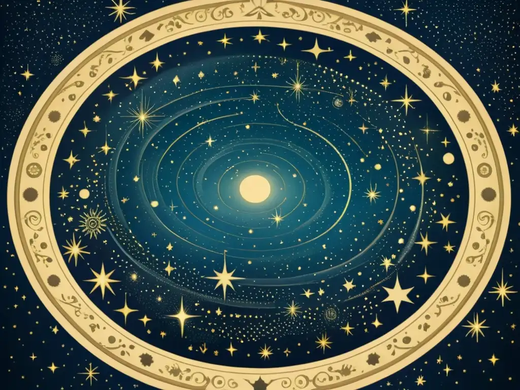 Detallada ilustración vintage del cielo nocturno, con constelaciones y estrellas