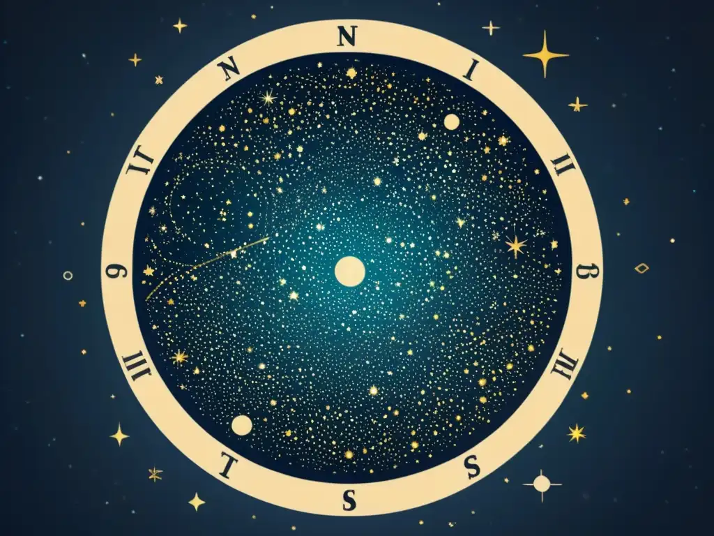 Ilustración vintage detallada del cielo nocturno, con constelaciones, telescopio y carta astral