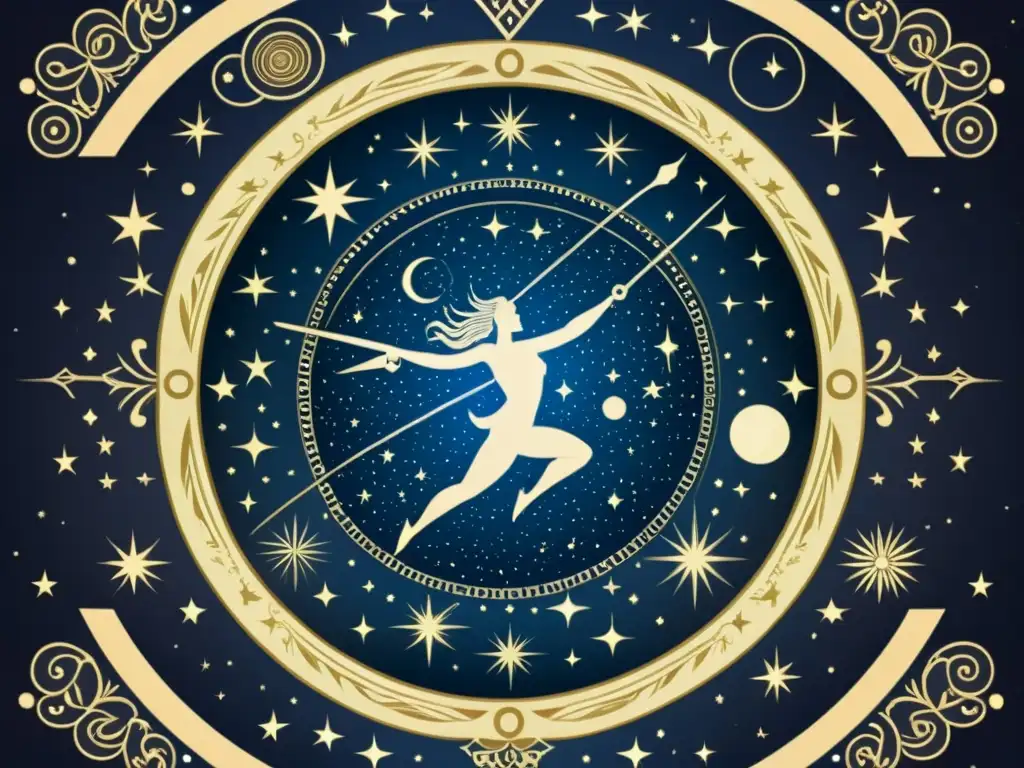 Una ilustración vintage detallada de la constelación de Orión en el cielo nocturno, con estrellas y la figura del cazador, rodeada de patrones celestiales y elementos decorativos griegos clásicos