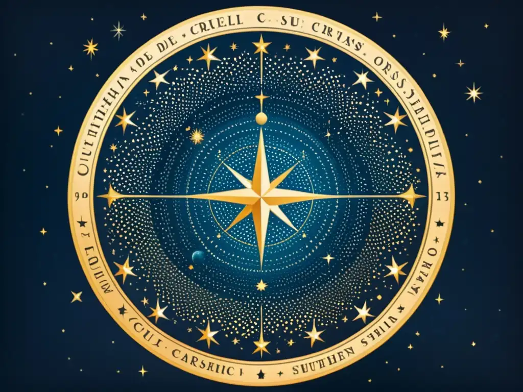 Detallada ilustración vintage del cielo nocturno en el Hemisferio Sur con la Cruz del Sur y su significado y ubicación celestiales destacados