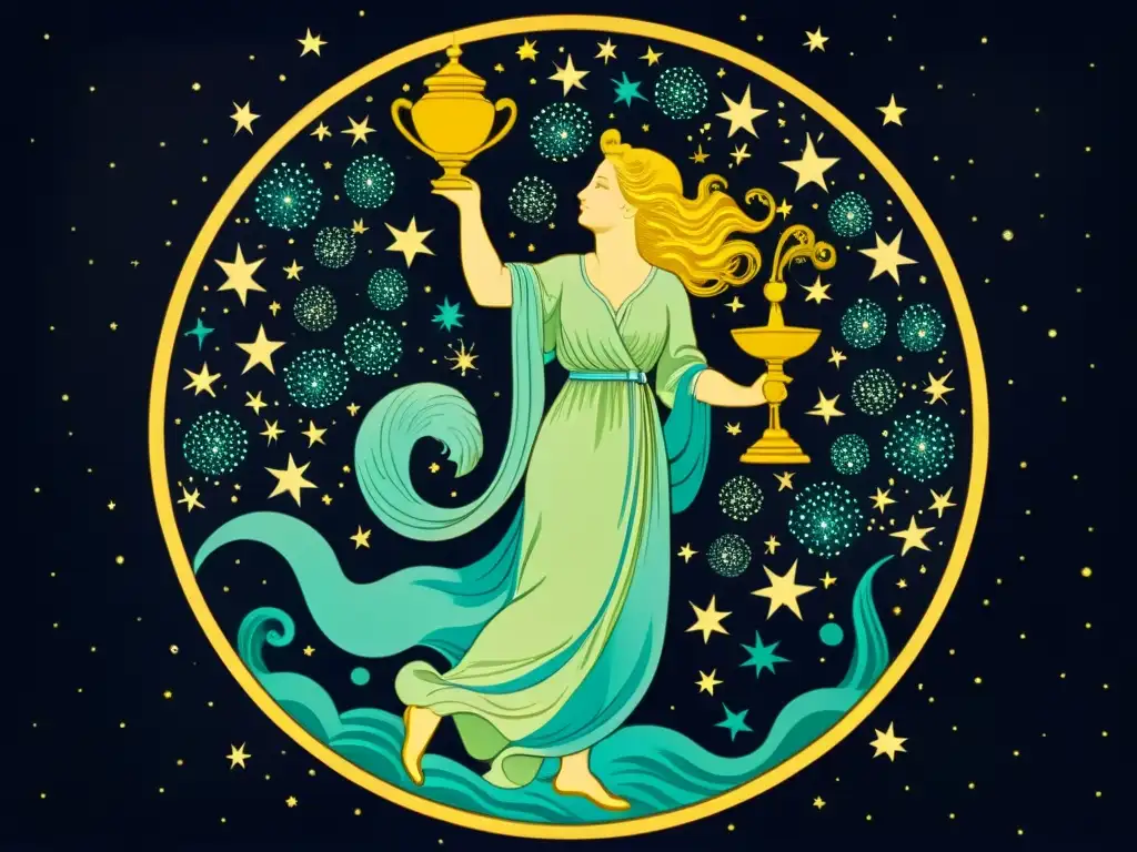 Una detallada ilustración vintage de la constelación de Acuario, con el portador de agua rodeado de estrellas y elementos celestiales