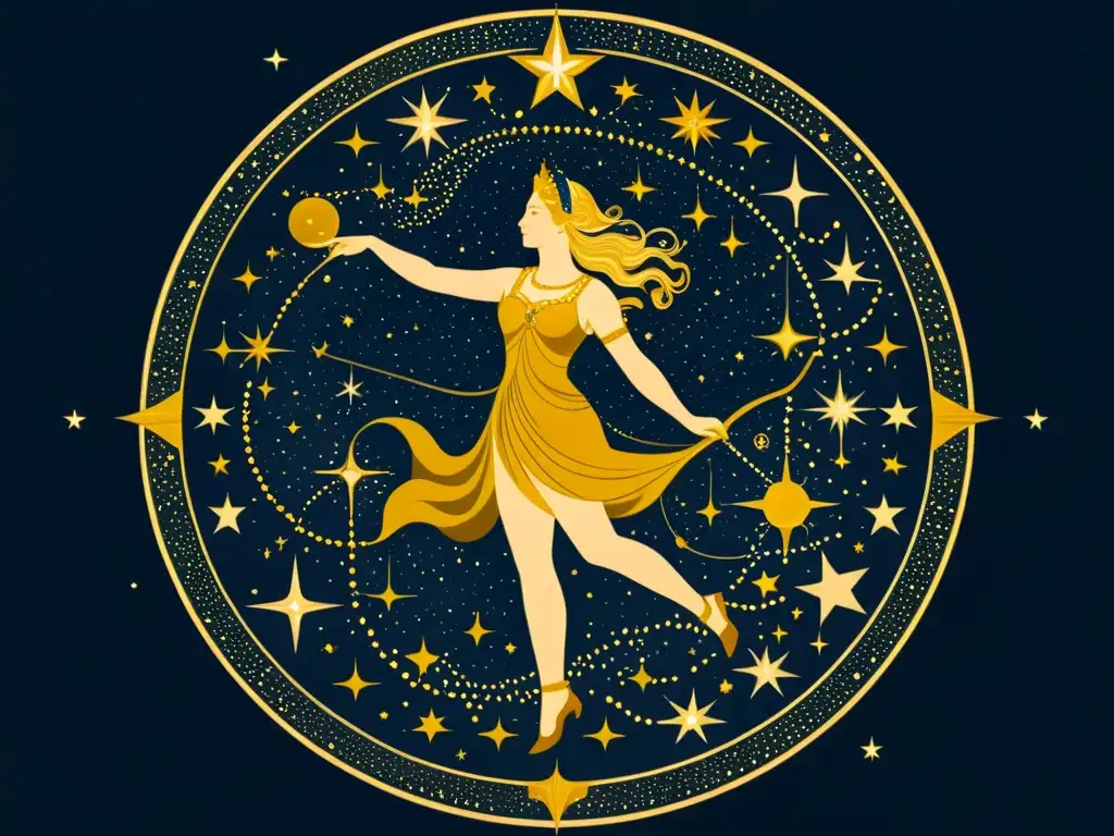 Detallada ilustración vintage de la constelación de Cassiopeia, con la estrella Schedar destacada rodeada de figuras mitológicas