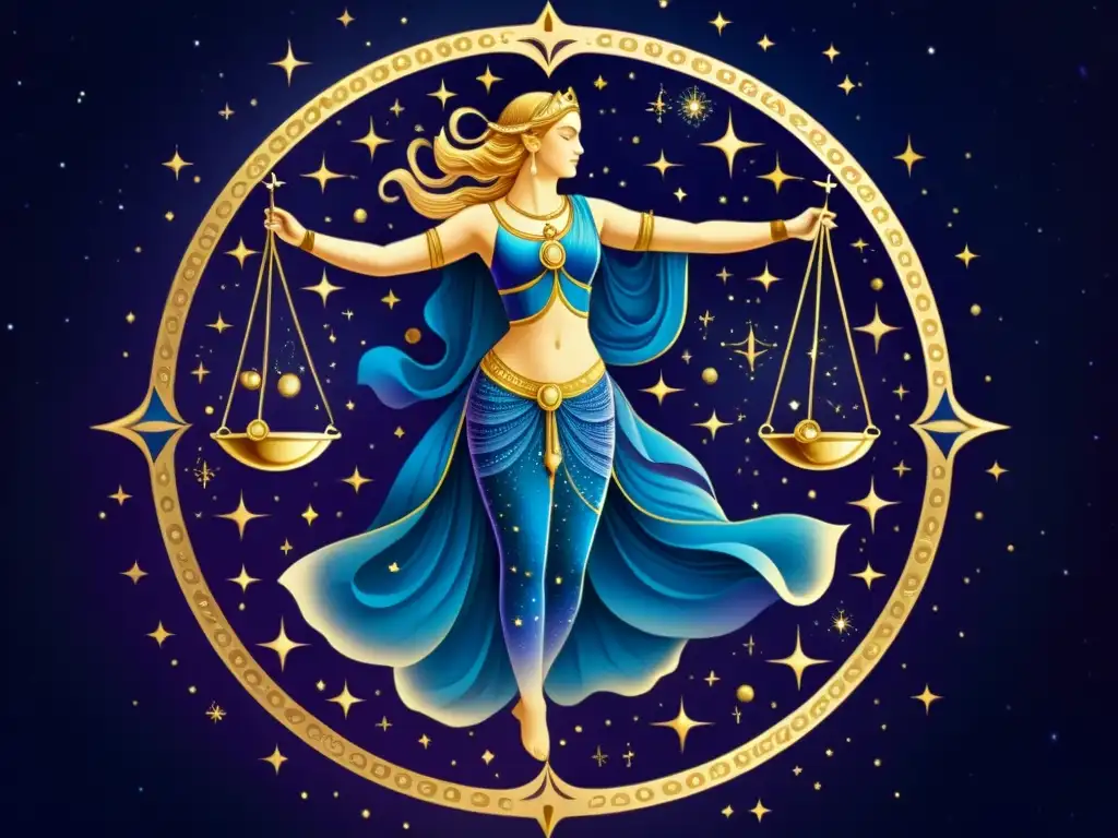 Detallada ilustración vintage de la constelación de Libra, con escamas sostenidas por una figura, rodeada de estrellas y elementos celestiales en tonos azules, morados y dorados