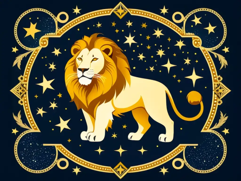 Una ilustración vintage detallada de la constelación de Leo, con un majestuoso león formado por estrellas brillantes en un cielo nocturno