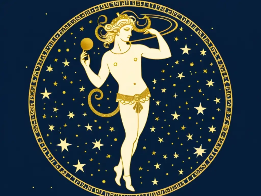 Una detallada ilustración vintage de la constelación de Perseo, con estrellas intrincadamente conectadas para formar la figura mitológica