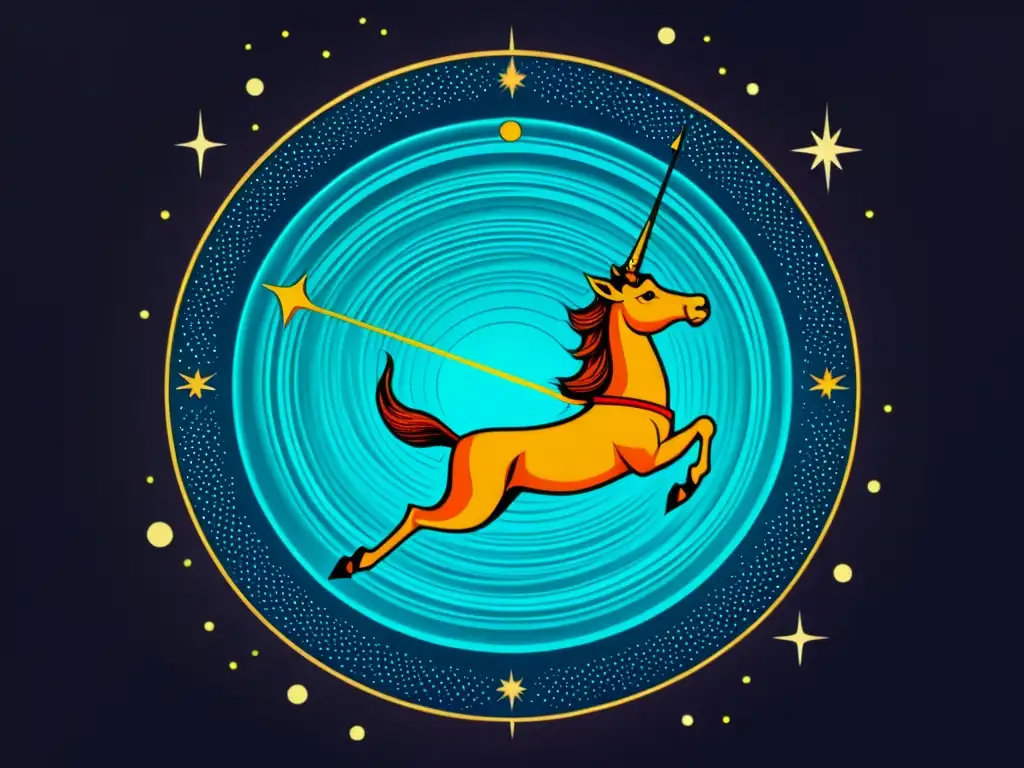 Sagittarius: Detallada ilustración vintage de Kaus Australis Una detallada ilustración vintage de la constelación Sagitario, con Kaus Australis como punto focal, en ricos colores y detalles de estrellas