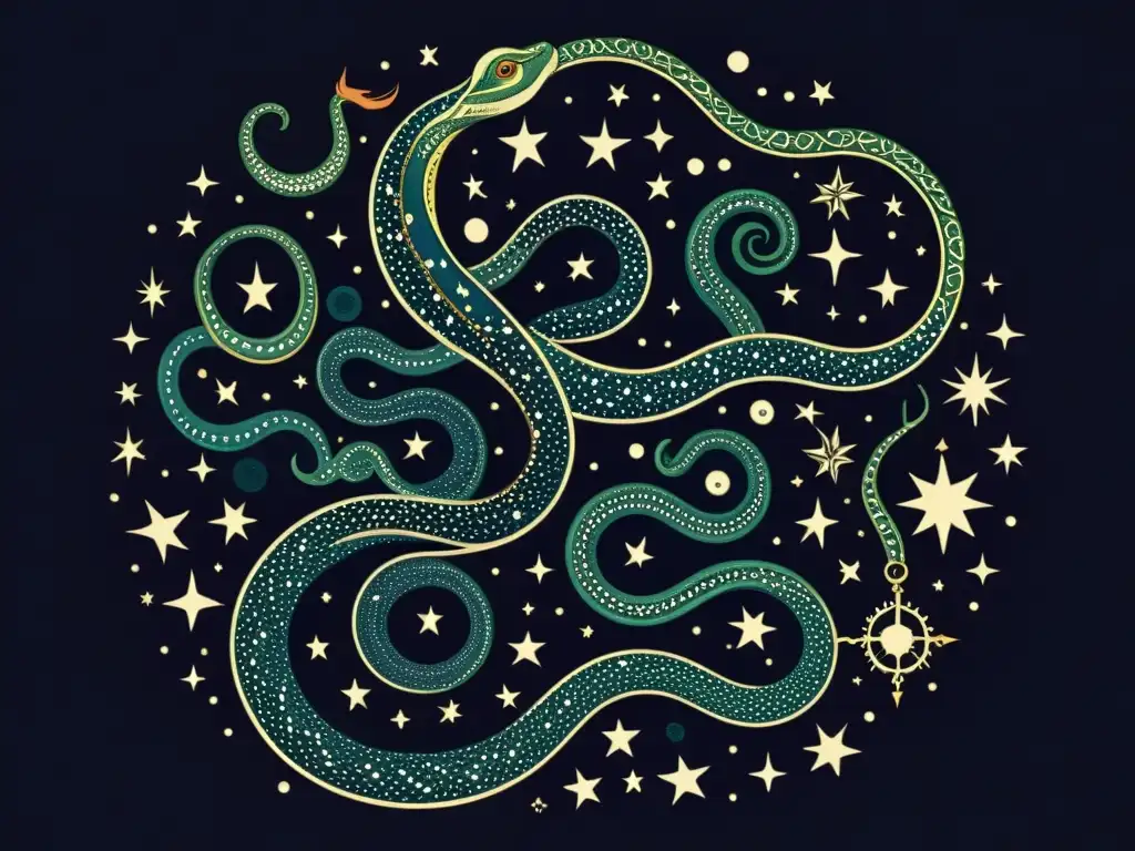 Una ilustración vintage detallada de la constelación de la Serpiente del Midgard, serpenteando entre las estrellas con un aire mítico y atemporal