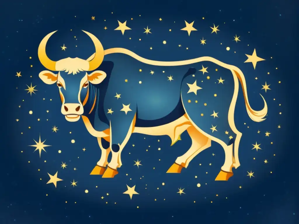 Una detallada ilustración vintage de la constelación de Tauro, con el toro y las estrellas circundantes representadas con líneas finas y sombreado