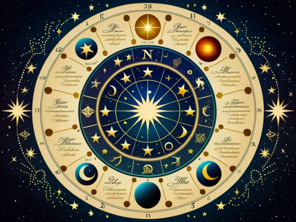 Ilustración detallada de constelaciones zodiacales en estilo vintage, con colores ricos y patrón circular sobre pergamino texturizado