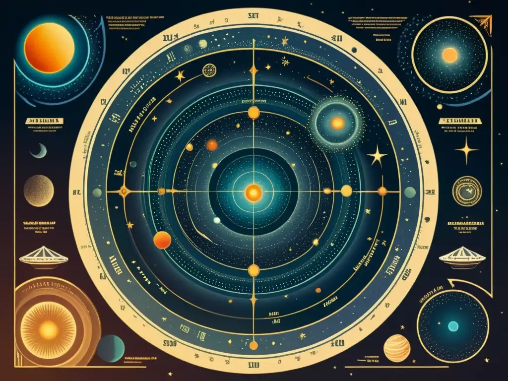 Una ilustración vintage detallada de un diagrama astronómico, con formaciones estelares y nebulosas en tonos cálidos