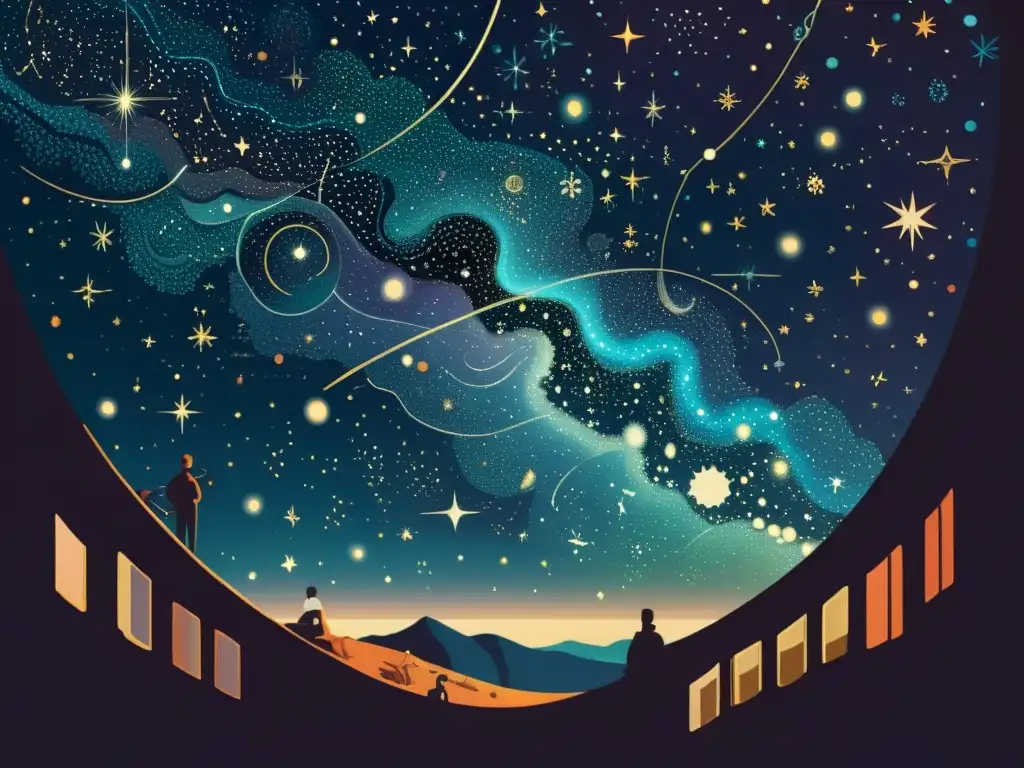 Detallada ilustración digital vintage del vasto cielo nocturno con constelaciones, estrellas y galaxias