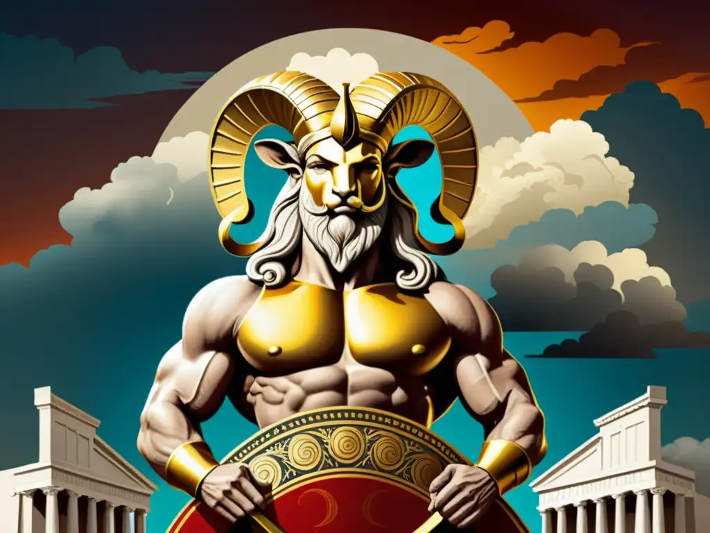 Una ilustración vintage detallada del dios griego Aries, poderoso y musculoso, con un manto de carnero dorado